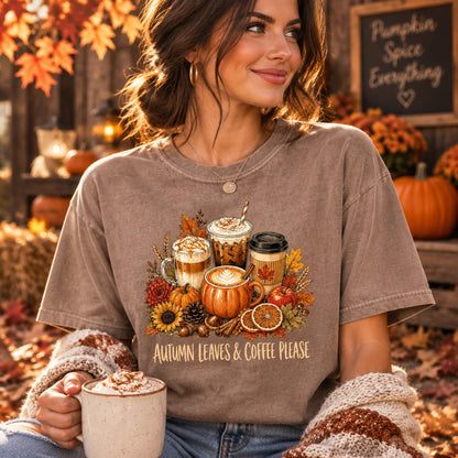 Fall Coffee Shirt, Autumn Leaves Tee, Pumpkin Spice Top, Comfort Colors, Thanksgiving Gift For Her