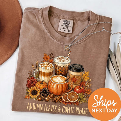 Fall Coffee Shirt, Autumn Leaves Tee, Pumpkin Spice Top, Comfort Colors, Thanksgiving Gift For Her