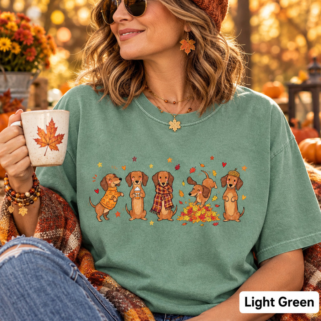 Fall Dachshund Shirt, Cozy Autumn Doxie Tee, Cute Weenie Dog Harvest Season Top, Pumpkin Dog Lover Gift, Thanksgiving Dog Graphic Sweatshirt