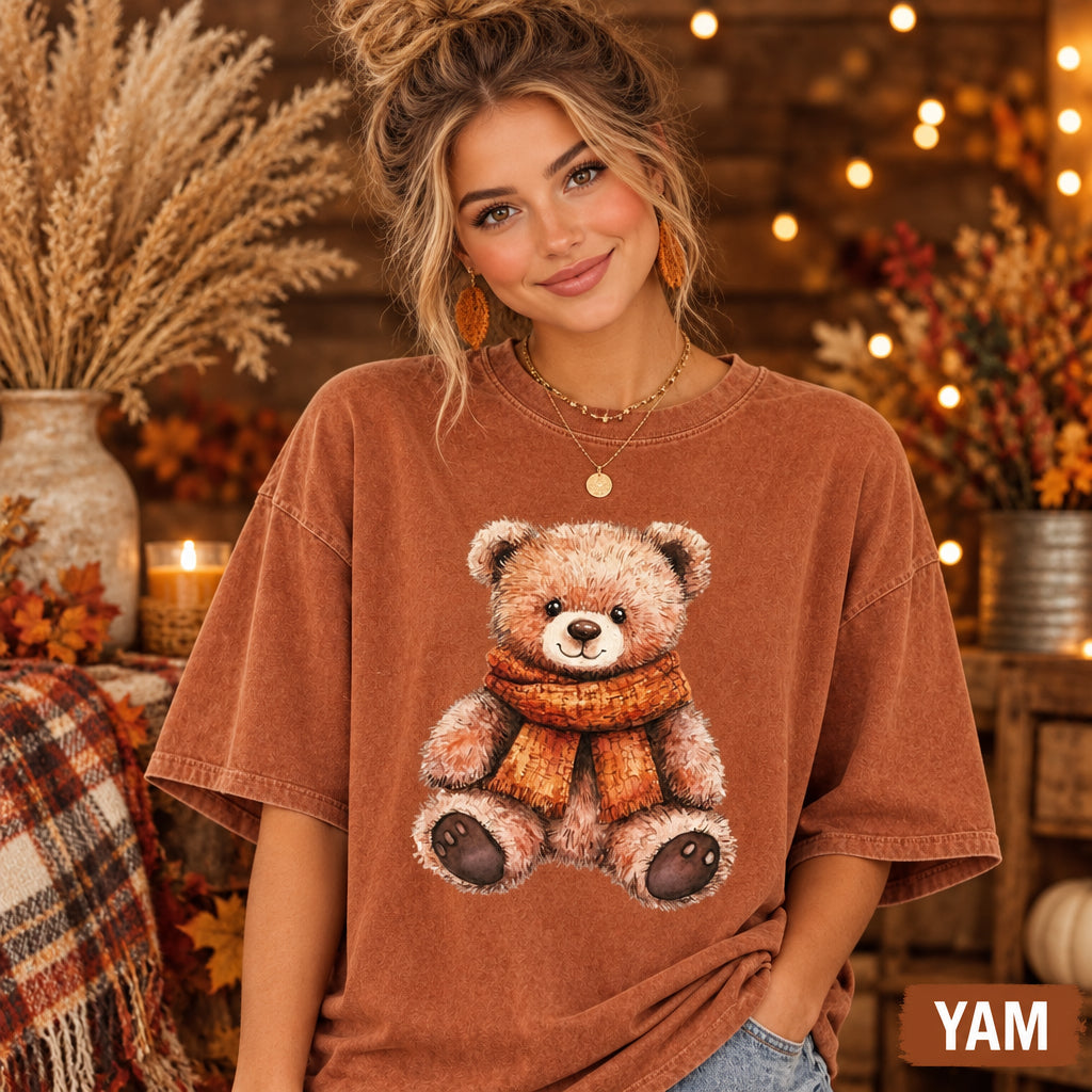 Fall Teddy Bear Shirt, Cozy Autumn Bear Tee, Cute Pumpkin Teddy Graphic T-shirt, Comfort Colors Fall Aesthetic Top, Cozy Season Toddler Gift