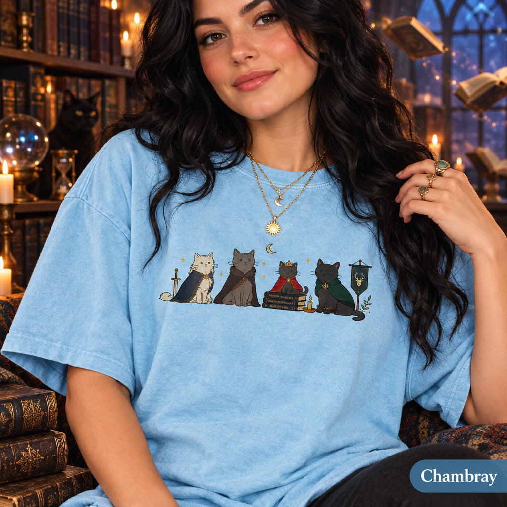 Fantasy Bookish Cats T-Shirt, Magical Cat Reader Tee, TOG Fan Gift