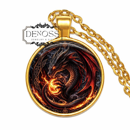 Fantasy Fire Dragon Pendant Necklace, Mythical Creature Amulet, Gothic Jewelry
