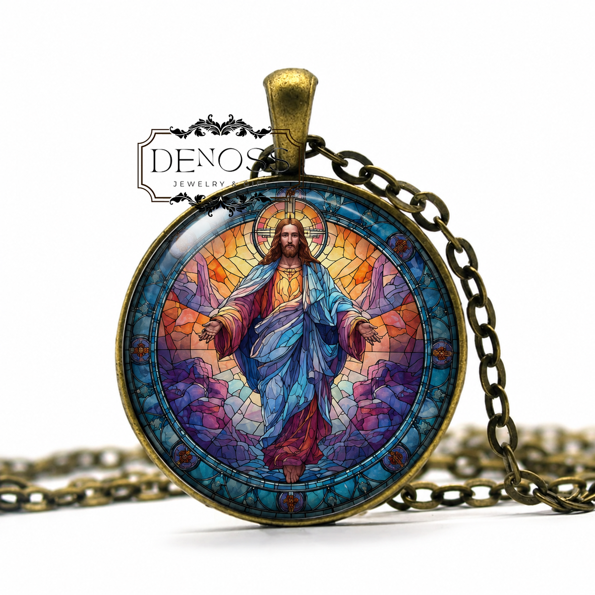 Faux Stained Glass Jesus Christ Necklace,Religious Pendant,Faith & Love