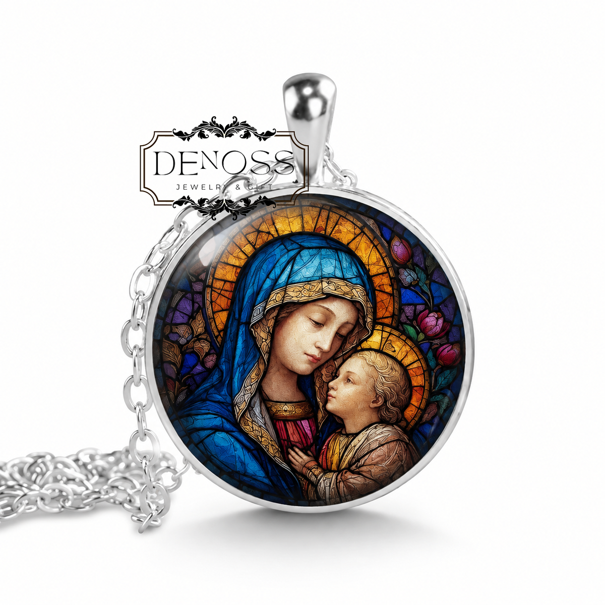 Faux Stained Glass Virgin Mary with baby Jesus Necklace,Religious Pendant,Faith & Love