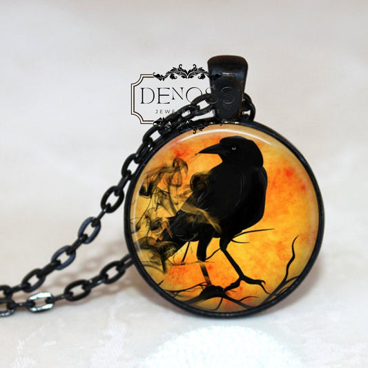 Fiery Crow Pendant Necklace,Autumn Necklace,Halloween,Crow Necklace