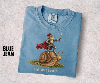 Fight Hard Die Well Frog Shirt, Medieval Frog Knight Tee, Funny Frog Riding Snail, Chaotic Fantasy Meme Shirt, Gift for Frog Lovers - Denoss