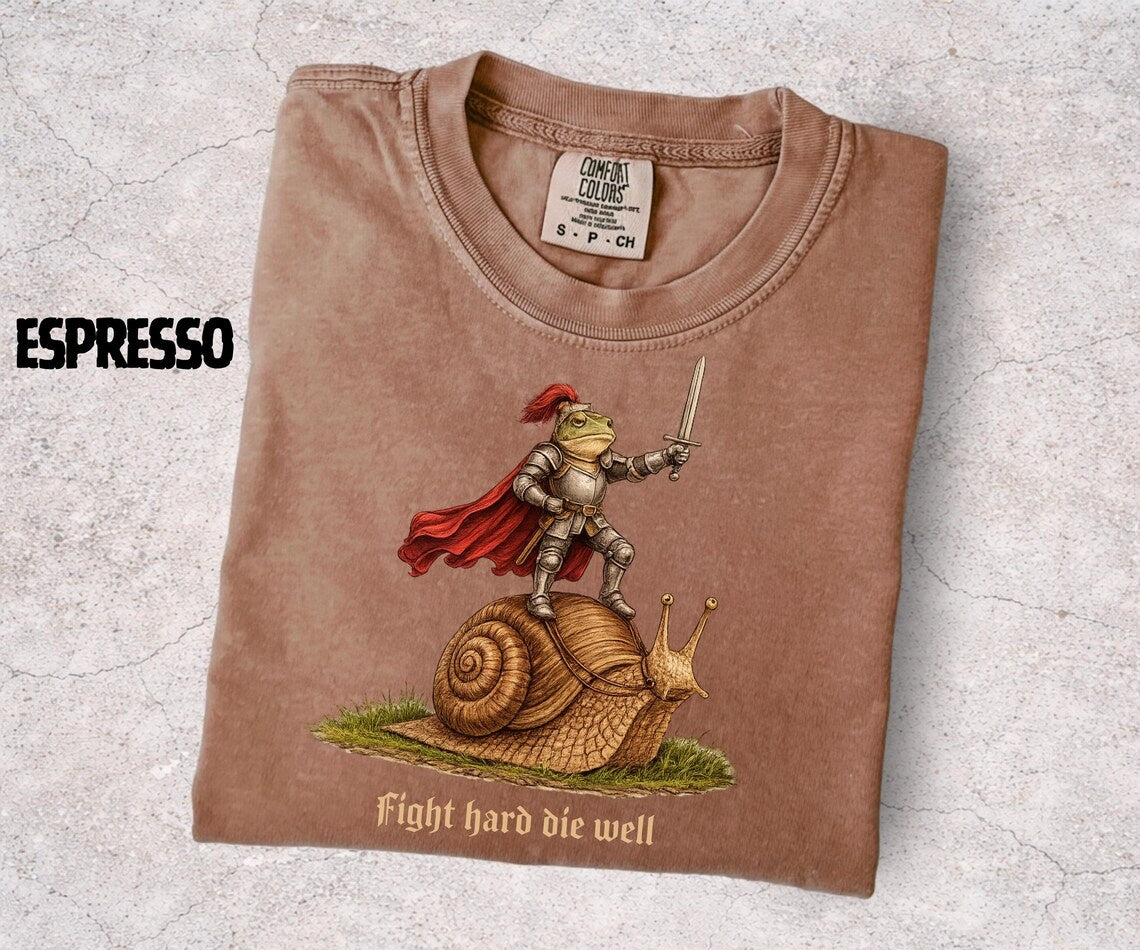 Fight Hard Die Well Frog Shirt, Medieval Frog Knight Tee, Funny Frog Riding Snail, Chaotic Fantasy Meme Shirt, Gift for Frog Lovers - Denoss