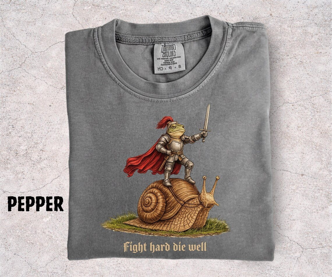 Fight Hard Die Well Frog Shirt, Medieval Frog Knight Tee, Funny Frog Riding Snail, Chaotic Fantasy Meme Shirt, Gift for Frog Lovers - Denoss