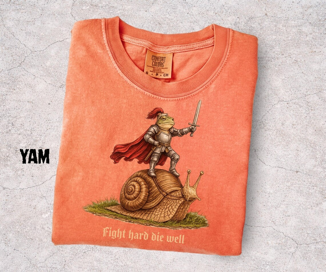 Fight Hard Die Well Frog Shirt, Medieval Frog Knight Tee, Funny Frog Riding Snail, Chaotic Fantasy Meme Shirt, Gift for Frog Lovers - Denoss