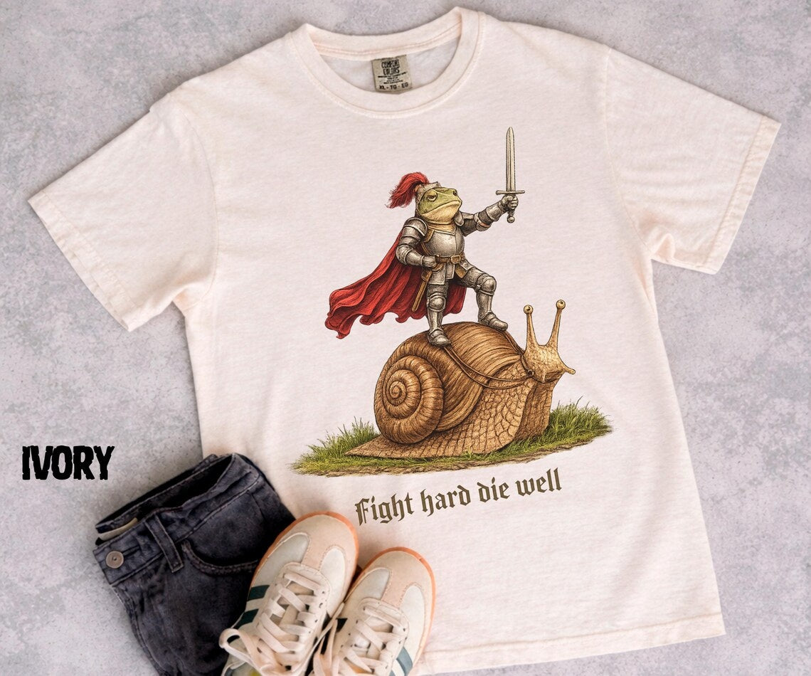 Fight Hard Die Well Frog Shirt, Medieval Frog Knight Tee, Funny Frog Riding Snail, Chaotic Fantasy Meme Shirt, Gift for Frog Lovers - Denoss