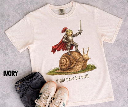 Fight Hard Die Well Frog Shirt, Medieval Frog Knight Tee, Funny Frog Riding Snail, Chaotic Fantasy Meme Shirt, Gift for Frog Lovers - Denoss