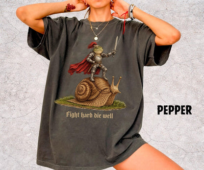 Fight Hard Die Well Frog Shirt, Medieval Frog Knight Tee, Funny Frog Riding Snail, Chaotic Fantasy Meme Shirt, Gift for Frog Lovers - Denoss