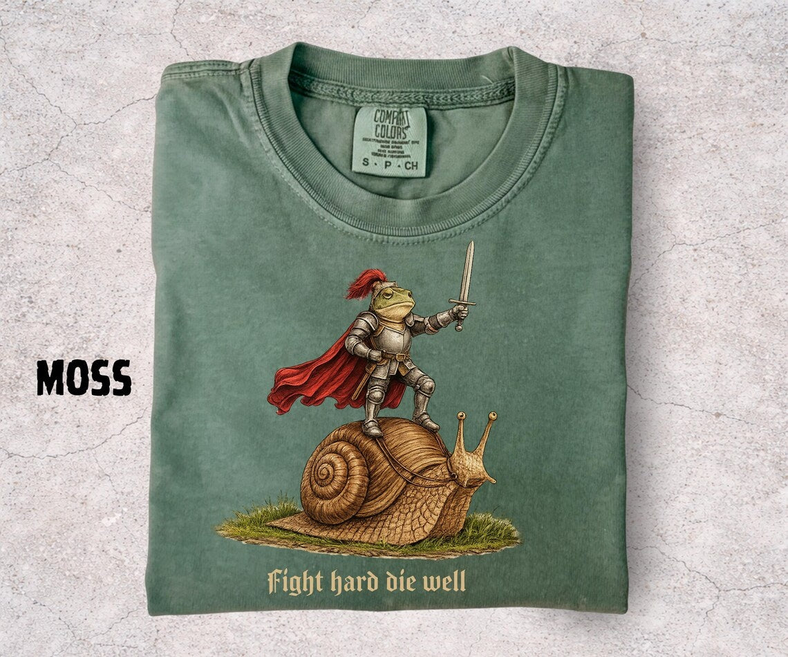 Fight Hard Die Well Frog Shirt, Medieval Frog Knight Tee, Funny Frog Riding Snail, Chaotic Fantasy Meme Shirt, Gift for Frog Lovers - Denoss