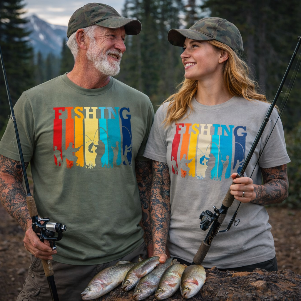 Two people wearing 'Fishing' t-shirts with rainbow design, holding fishing rods and fish in a forest setting.