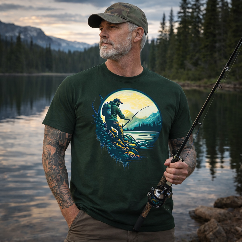Man holding a fishing rod wearing a t-shirt with a nature graphic by a lake.