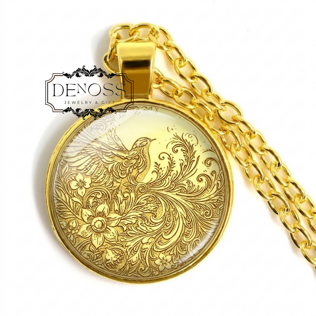 Floral Nightingale Pendant Necklace,Engraved Bird Design