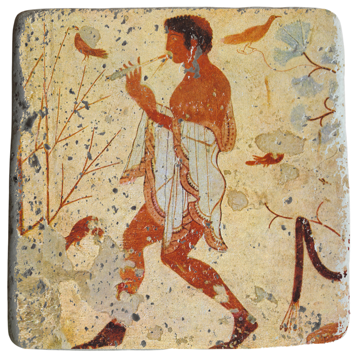 Etruscan Flute player dancing among birds Fresco on Stone