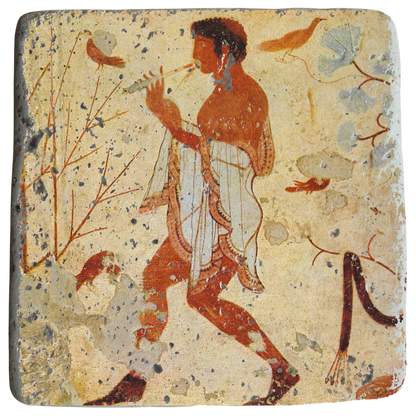 Etruscan Flute player dancing among birds Fresco on Stone