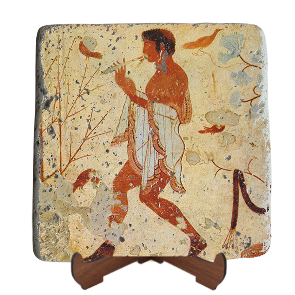 Etruscan Flute player dancing among birds Fresco on Stone
