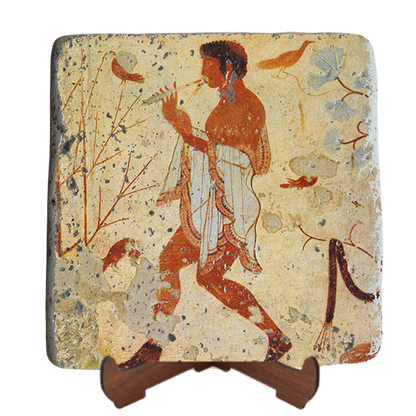 Etruscan Flute player dancing among birds Fresco on Stone