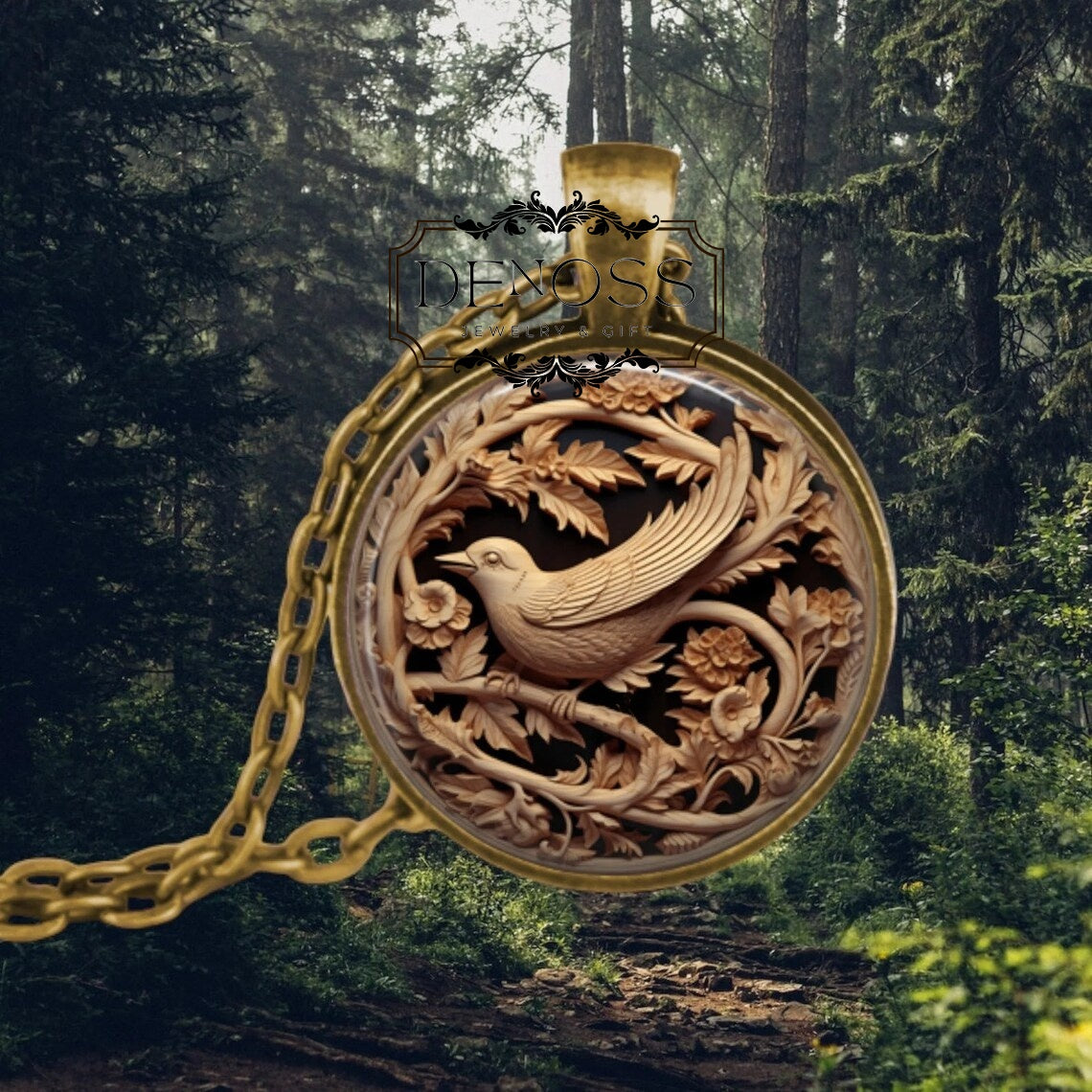 Forest Bird Pendant Necklace,Antiqued Wildlife Jewelry