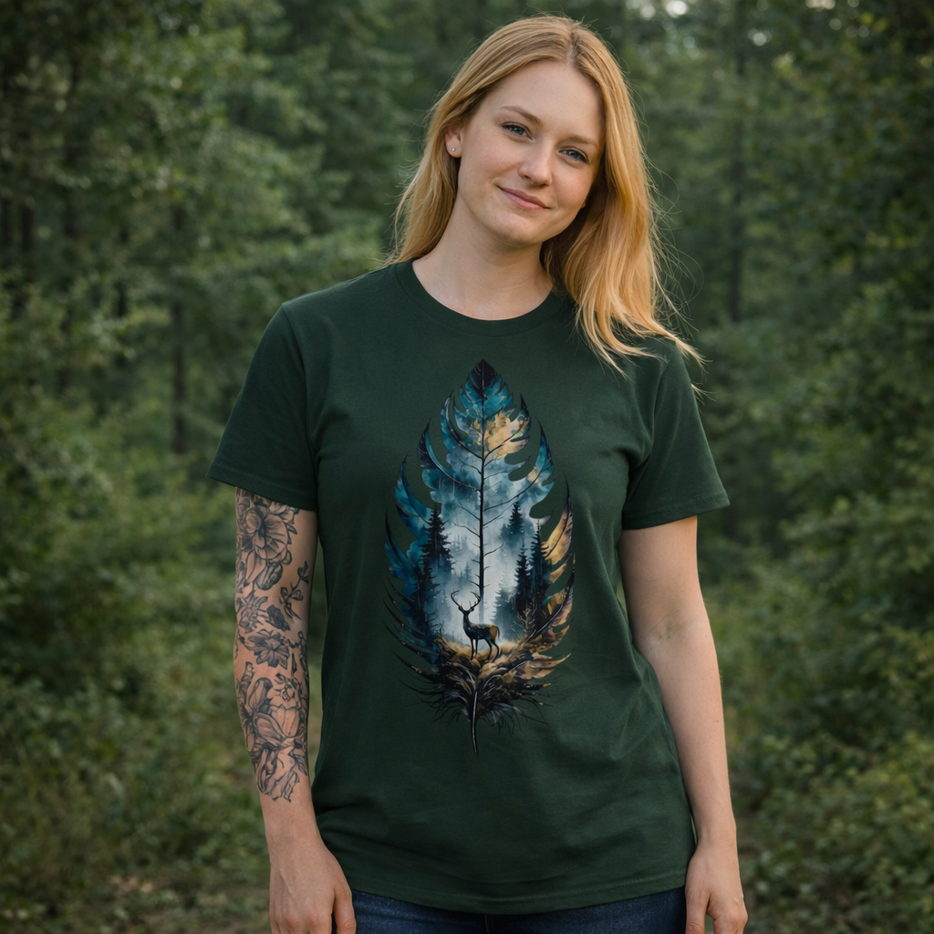 Person wearing a green t-shirt with a nature-themed design in a forest setting