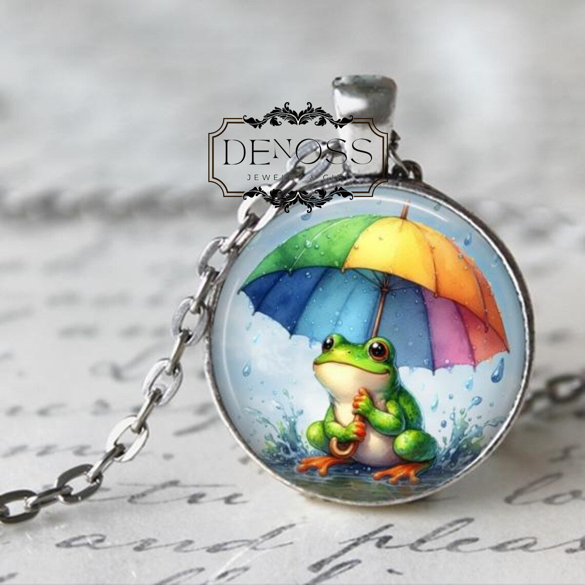 Frog Necklace,Frog Pendant,Frog with Rainbow Umbrella,Frog Jewelry,Spring,Cute Frog,Toad,Summer Rain