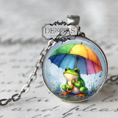 Frog Necklace,Frog Pendant,Frog with Rainbow Umbrella,Frog Jewelry,Spring,Cute Frog,Toad,Summer Rain