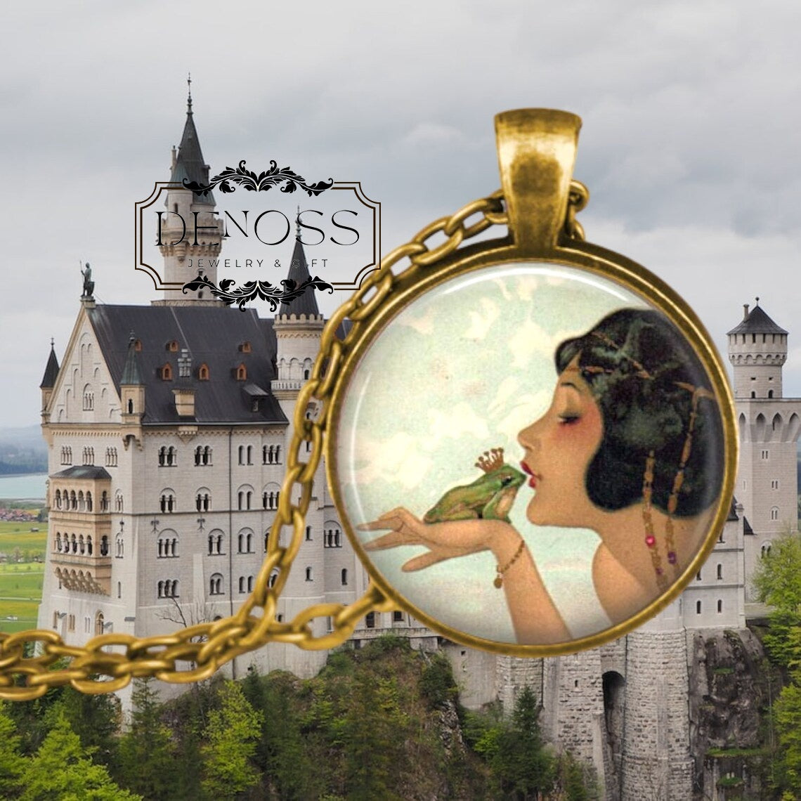 Frog Prince Pendant Necklace,Art Nouveau Fairytale Jewelry