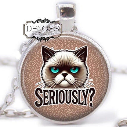 Funny Grumpy Cat Pendant Necklace,Handcrafted Cabochon Jewelry