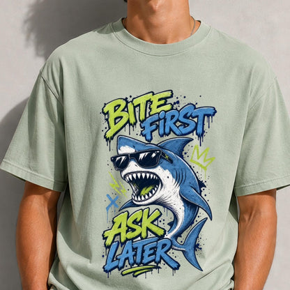 Funny Shark Shirt, Bite First Ask Later Tee, Cool Shark T-Shirt, Shark Lover Gift, Ocean Graphic Tee, Funny Beach Shirt, Comfort Colors Tee