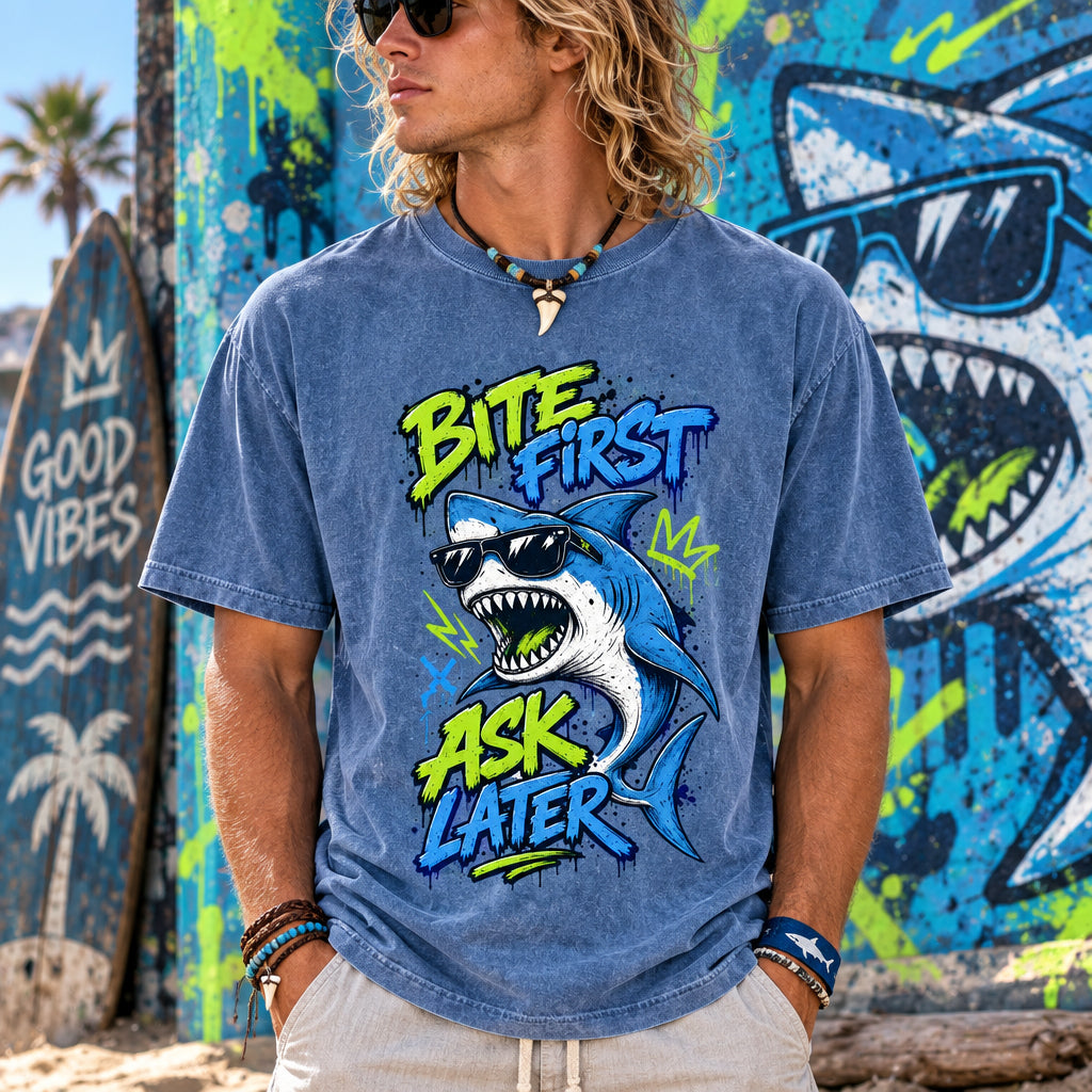 Funny Shark Shirt, Bite First Ask Later Tee, Cool Shark T-Shirt, Shark Lover Gift, Ocean Graphic Tee, Funny Beach Shirt, Comfort Colors Tee