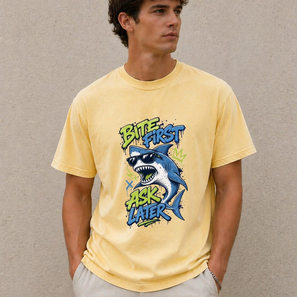 Funny Shark Shirt, Bite First Ask Later Tee, Cool Shark T-Shirt, Shark Lover Gift, Ocean Graphic Tee, Funny Beach Shirt, Comfort Colors Tee