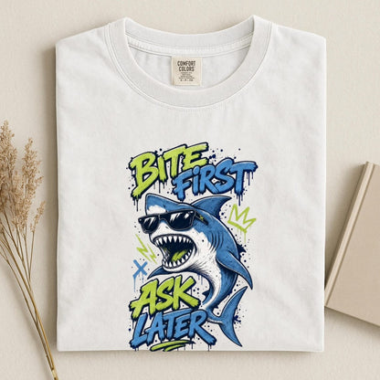 Funny Shark Shirt, Bite First Ask Later Tee, Cool Shark T-Shirt, Shark Lover Gift, Ocean Graphic Tee, Funny Beach Shirt, Comfort Colors Tee