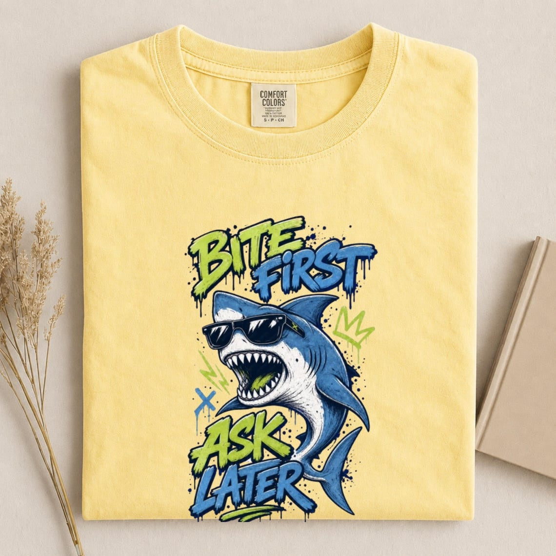 Funny Shark Shirt, Bite First Ask Later Tee, Cool Shark T-Shirt, Shark Lover Gift, Ocean Graphic Tee, Funny Beach Shirt, Comfort Colors Tee