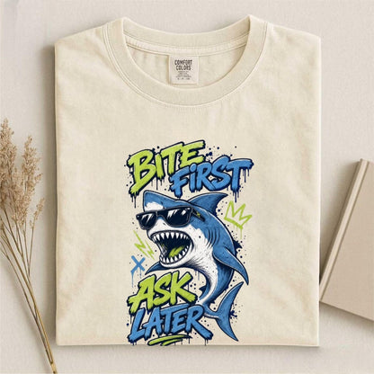Funny Shark Shirt, Bite First Ask Later Tee, Cool Shark T-Shirt, Shark Lover Gift, Ocean Graphic Tee, Funny Beach Shirt, Comfort Colors Tee