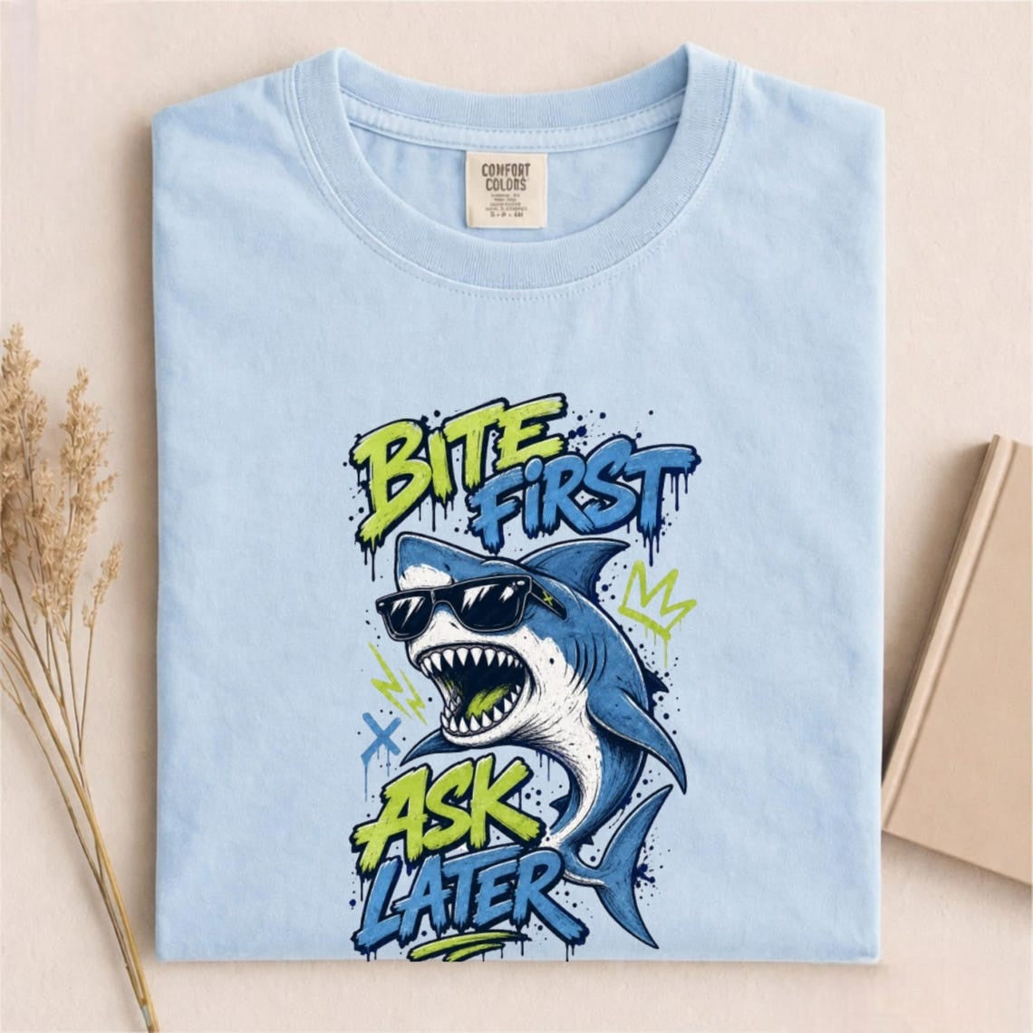 Funny Shark Shirt, Bite First Ask Later Tee, Cool Shark T-Shirt, Shark Lover Gift, Ocean Graphic Tee, Funny Beach Shirt, Comfort Colors Tee
