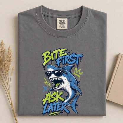 Funny Shark Shirt, Bite First Ask Later Tee, Cool Shark T-Shirt, Shark Lover Gift, Ocean Graphic Tee, Funny Beach Shirt, Comfort Colors Tee