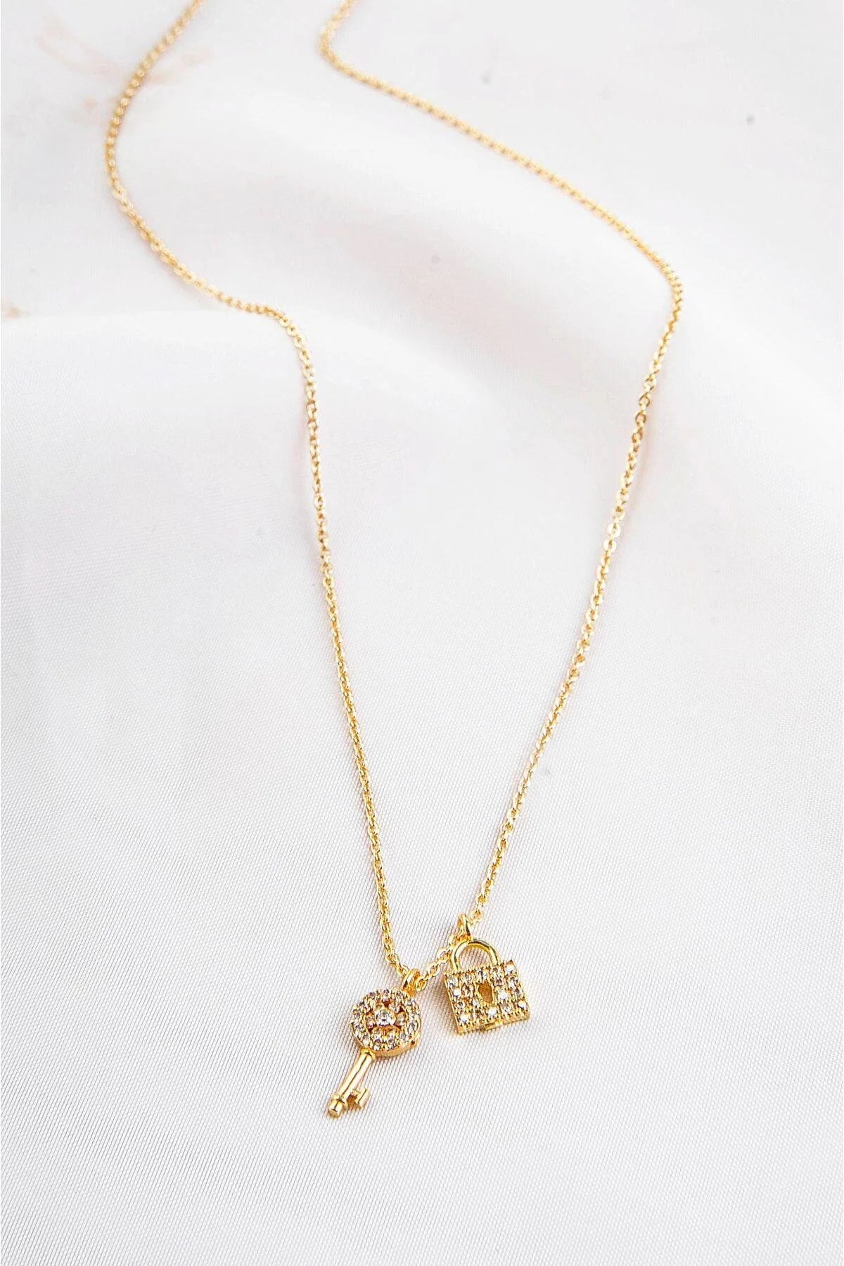 Lock and Key Gold-Silver Zircon Necklace