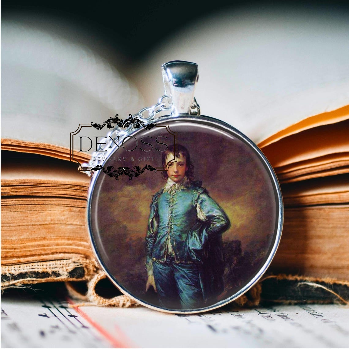 Gainsborough's Blue Boy Pendant Necklace,Famous Art Glass Cabochon