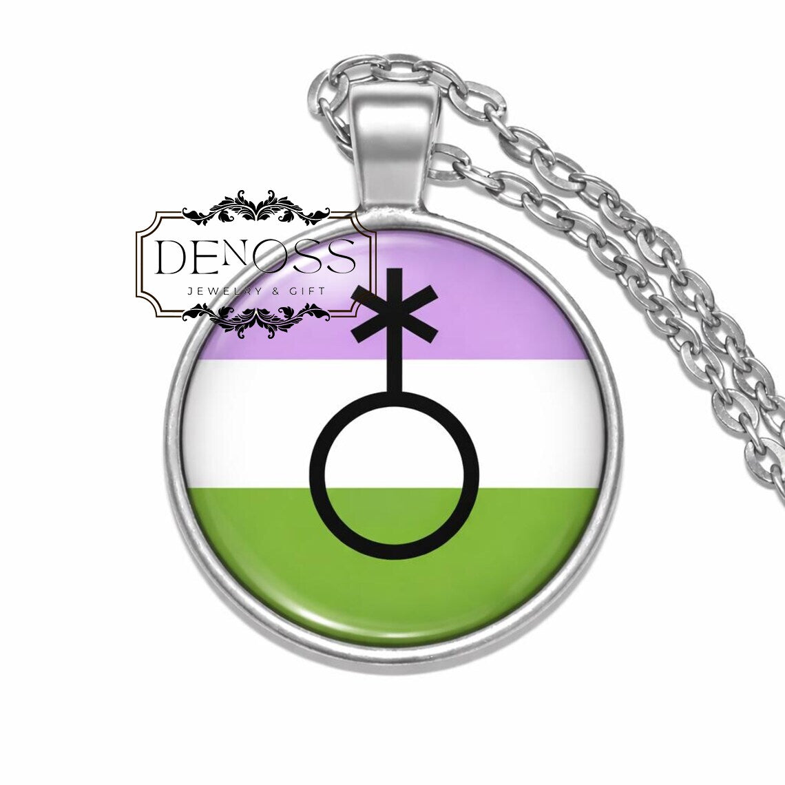 Genderqueer Pride Necklace,LGBTQ Nonbinary Symbol Pendant,Glass Cabochon Jewelry
