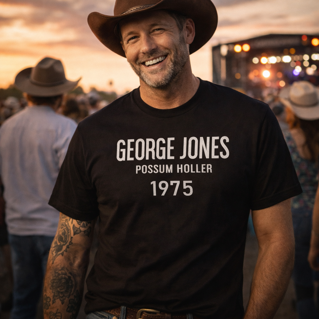 Man wearing a black t-shirt with 'George Jones Possum Holler 1975' text, standing outdoors with people and lights in the background.