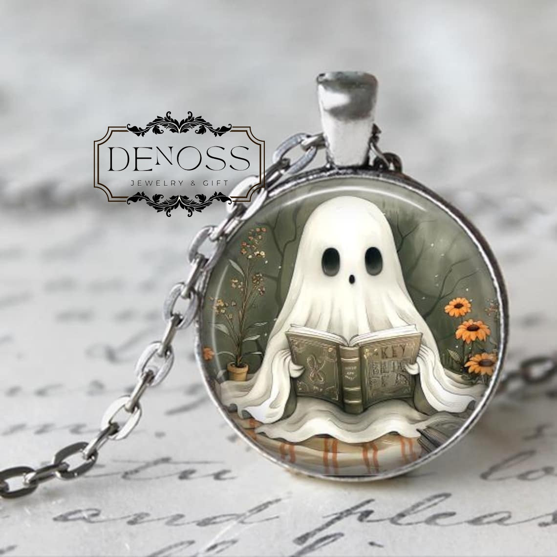 Ghost Necklace,Ghost Pendant,Cute Autumn Ghost,Halloween Pendant,Halloween Necklace,Art Pendant,Books,Ghost Reading