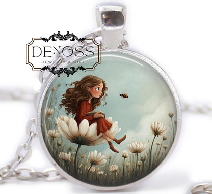 Girl on Flower Necklace,Handcrafted Kids Pendant,Bee & Daisy Kids Jewelry