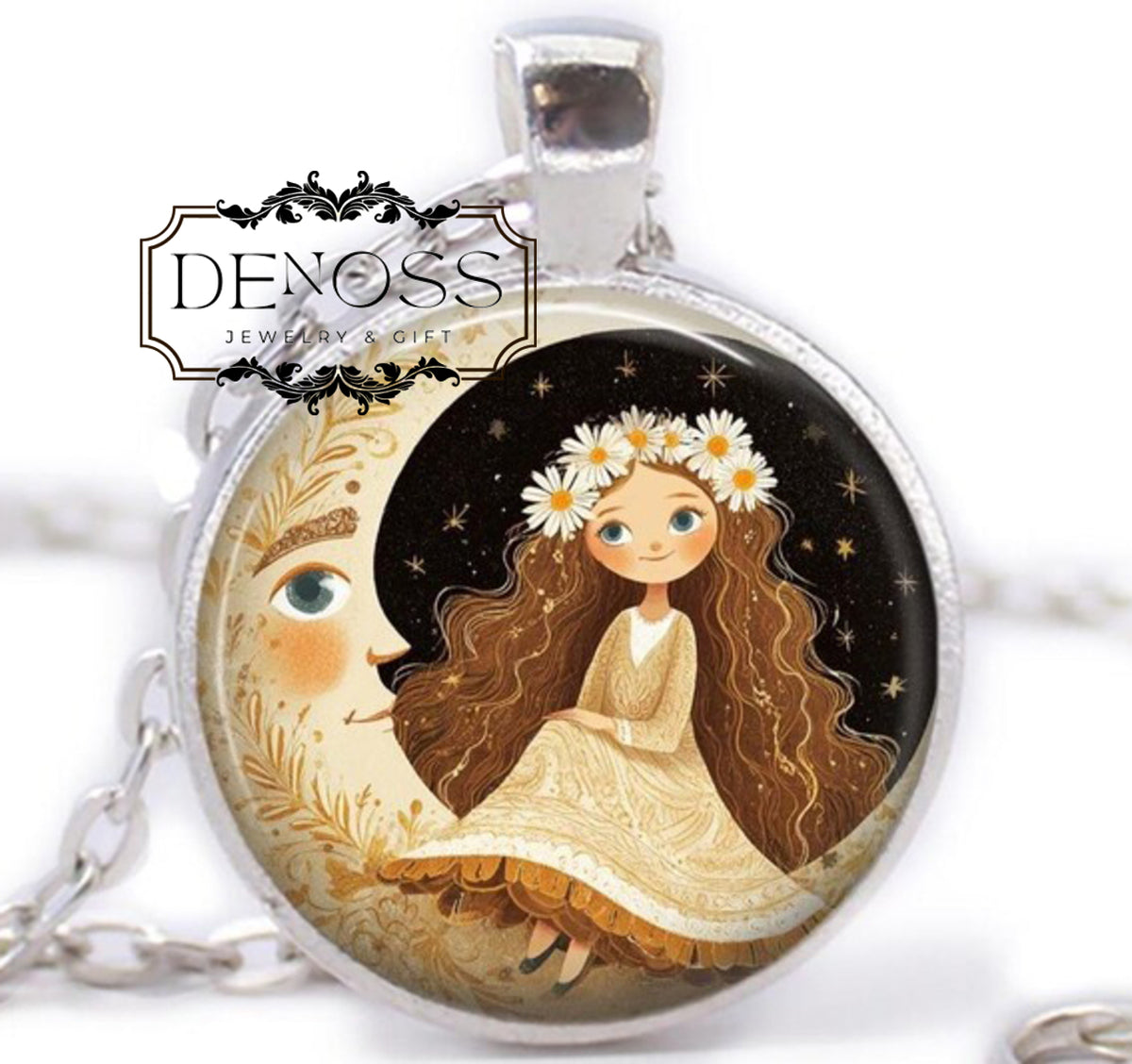 Girl on the Moon Necklace,Art Deco Crescent Moon Pendant,Kids Jewelry