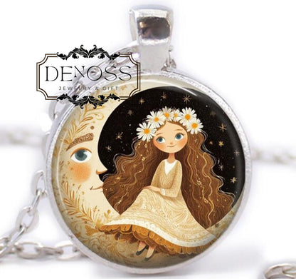 Girl on the Moon Necklace,Art Deco Crescent Moon Pendant,Kids Jewelry