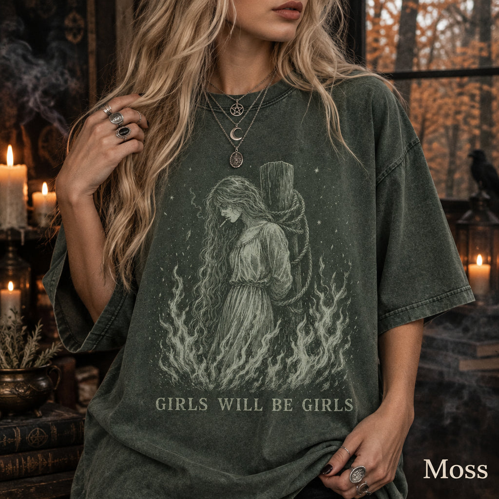 Girls Will Be Girls Witch With Cigarette Comfort Colors Shirt, Burn Witches Women Rights Tshirt, Cigarette Lover Feminist Halloween Shirt