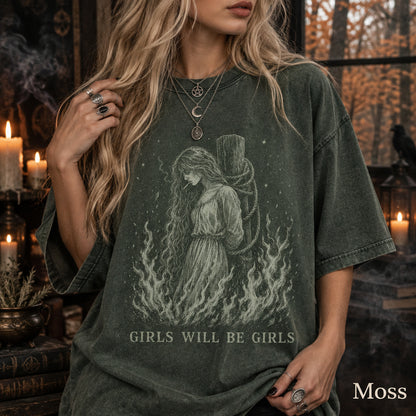 Girls Will Be Girls Witch With Cigarette Comfort Colors Shirt, Burn Witches Women Rights Tshirt, Cigarette Lover Feminist Halloween Shirt