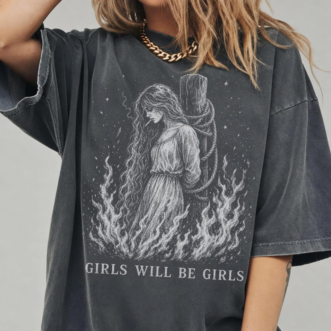 Girls Will Be Girls Witch With Cigarette Comfort Colors Shirt, Burn Witches Women Rights Tshirt, Cigarette Lover Feminist Halloween Shirt