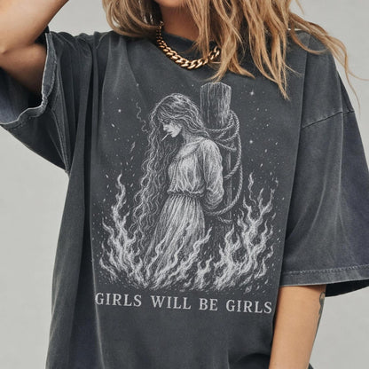 Girls Will Be Girls Witch With Cigarette Comfort Colors Shirt, Burn Witches Women Rights Tshirt, Cigarette Lover Feminist Halloween Shirt